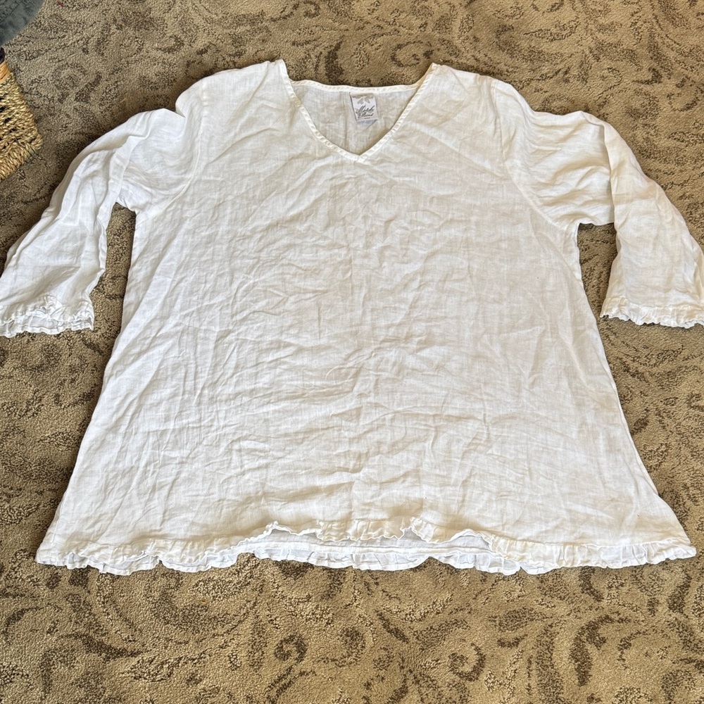 Linen White V-Neck Women's Top